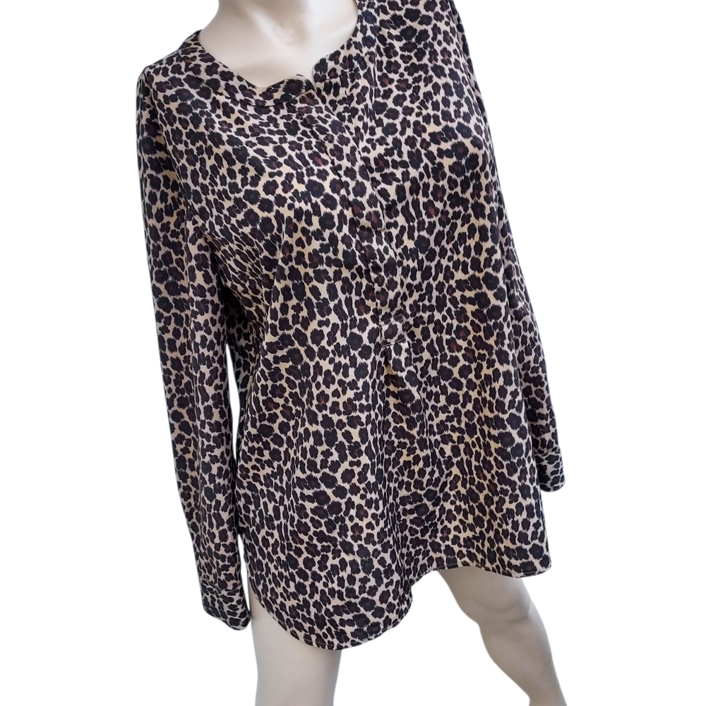 Talbots Womens Top L Brown Animal Print Leopard Pullover Long Sleeve Blouse